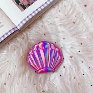 Double Sided Seashell Shaped Makeup Mirror In Holographic Pink